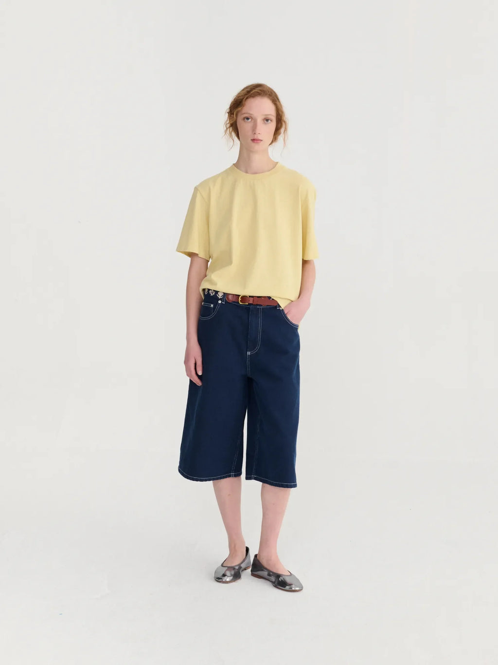 Contrast-Stitching Denim Bermuda
