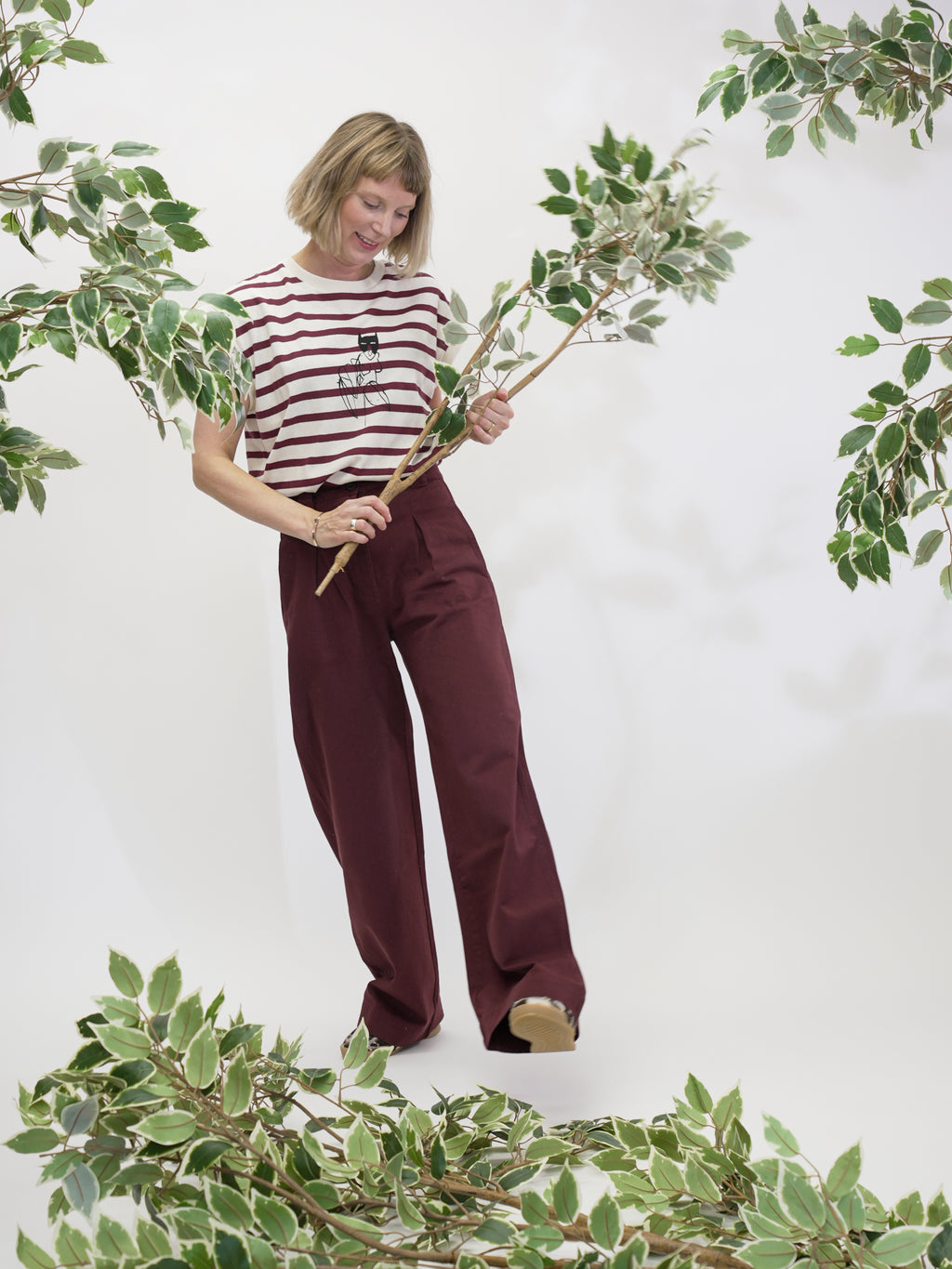Pleated twill wide-leg pants