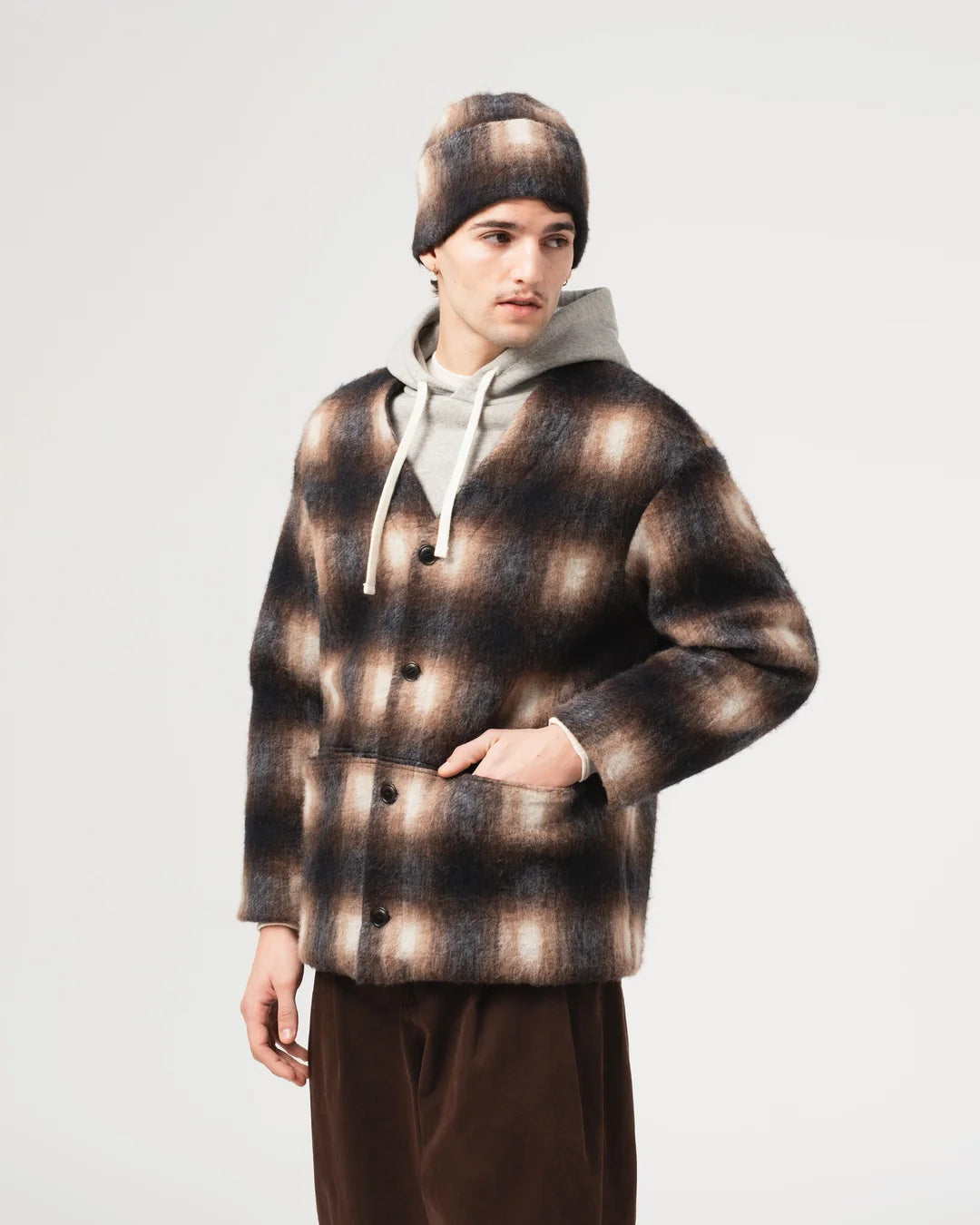 Basic cardigan – Felted check sepia/cream