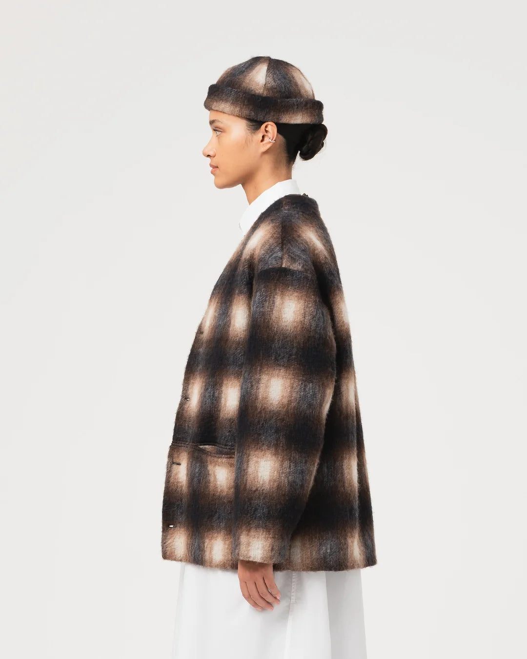 Basic cardigan – Felted check sepia/cream
